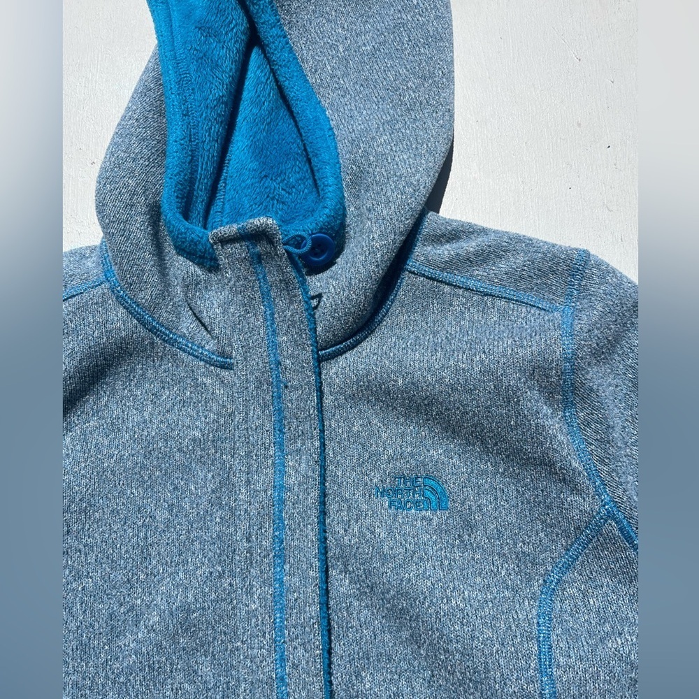 Women's North Face Hoodie Gray Blue L Outdoor Camp Hike Gorpcore Lined Zip Fall